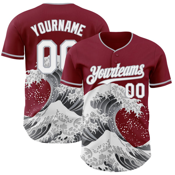 Custom Crimson White-Gray Japanese Wave Authentic Baseball Jersey