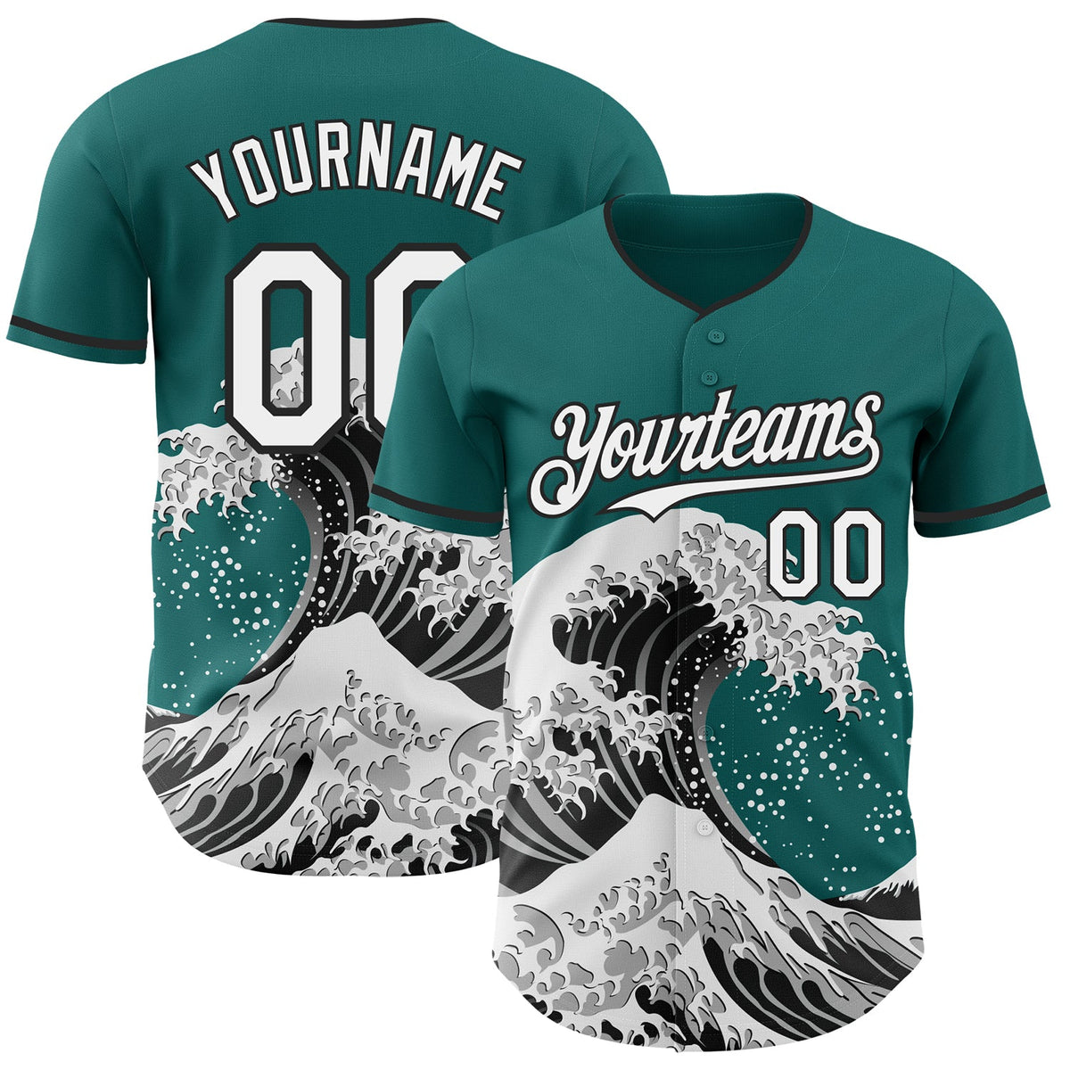 Custom Teal White-Black Japanese Wave Authentic Baseball Jersey