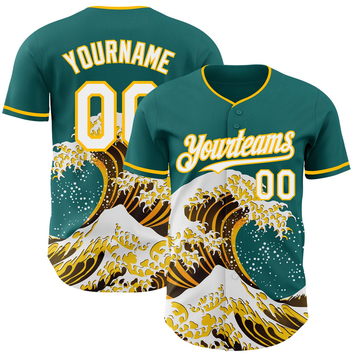 Custom Teal White-Gold Japanese Wave Authentic Baseball Jersey