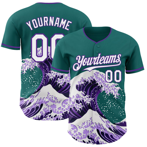 Custom Teal White-Purple Japanese Wave Authentic Baseball Jersey
