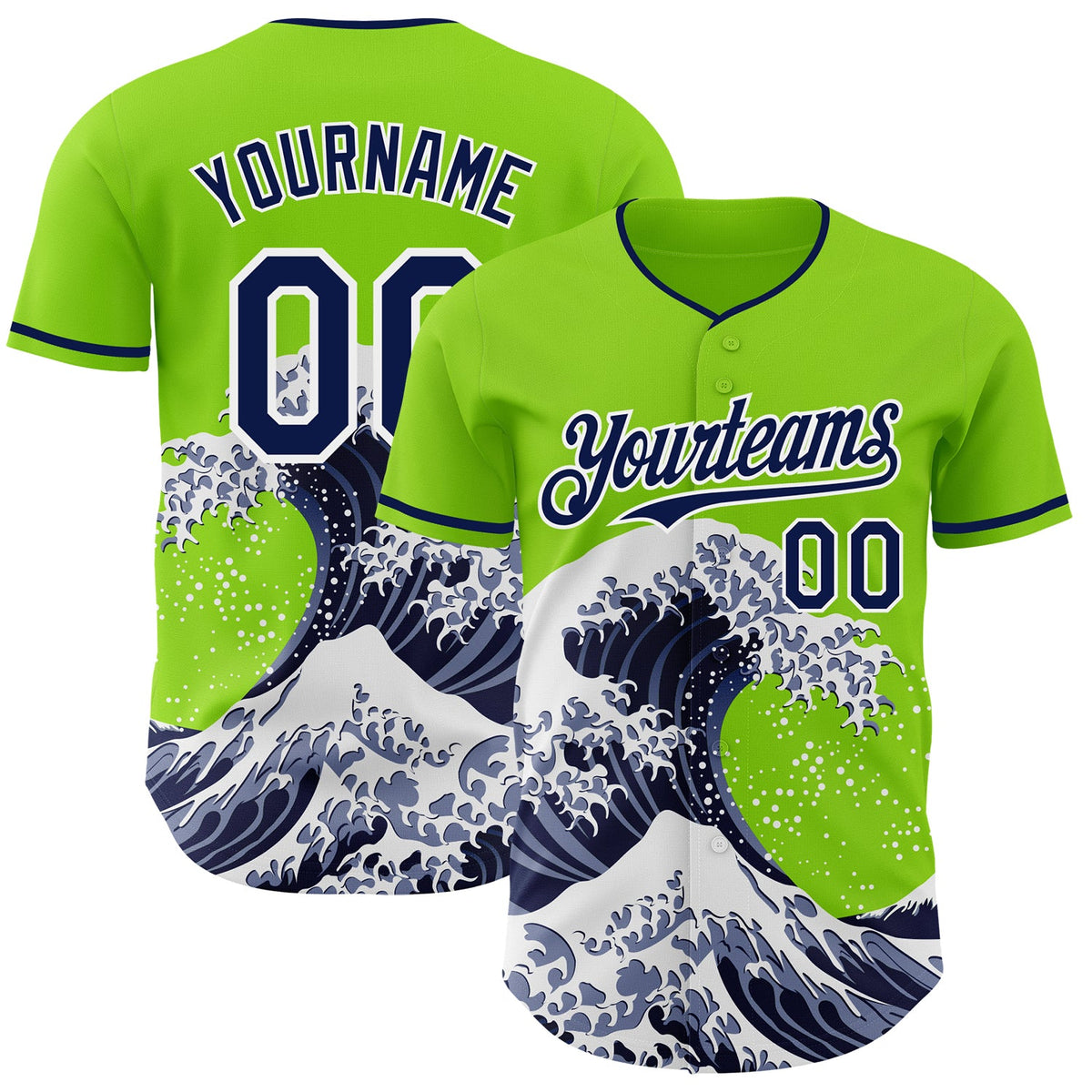 Custom Neon Green Navy-White Japanese Wave Authentic Baseball Jersey