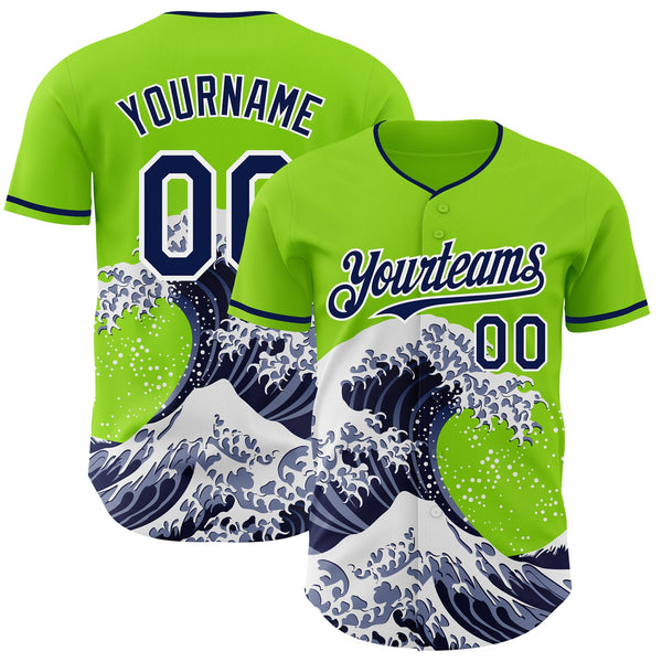 Custom Neon Green Navy-White Japanese Wave Authentic Baseball Jersey