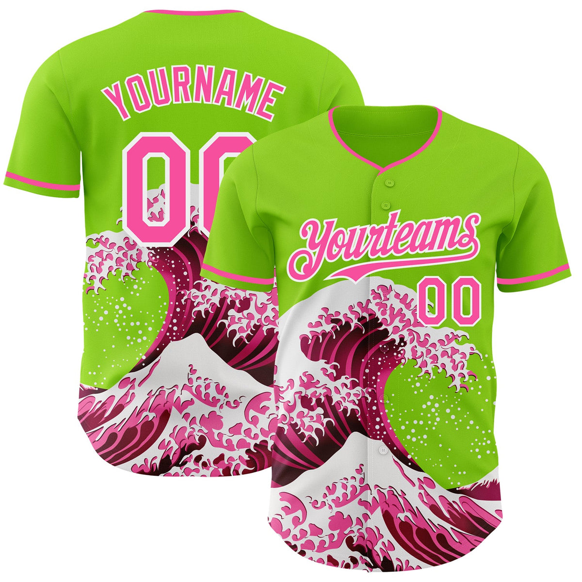 Custom Neon Green Pink-White Japanese Wave Authentic Baseball Jersey