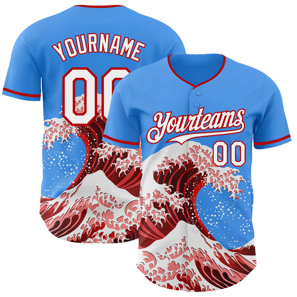 Custom Electric Blue White-Red Japanese Wave Authentic Baseball Jersey