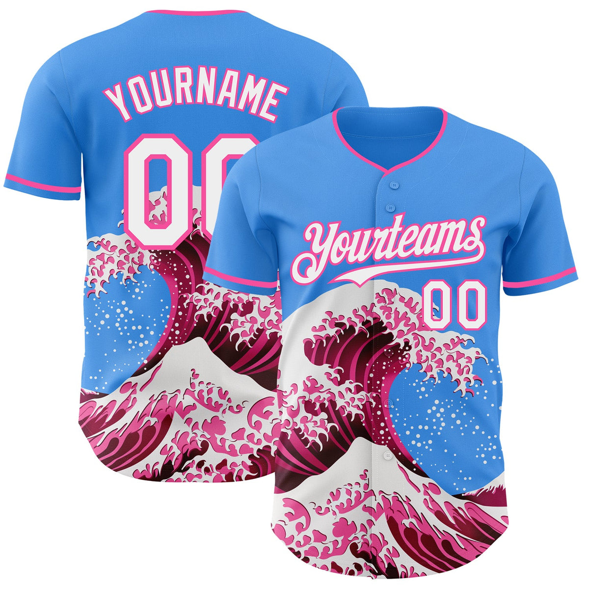 Custom Electric Blue White-Pink Japanese Wave Authentic Baseball Jersey