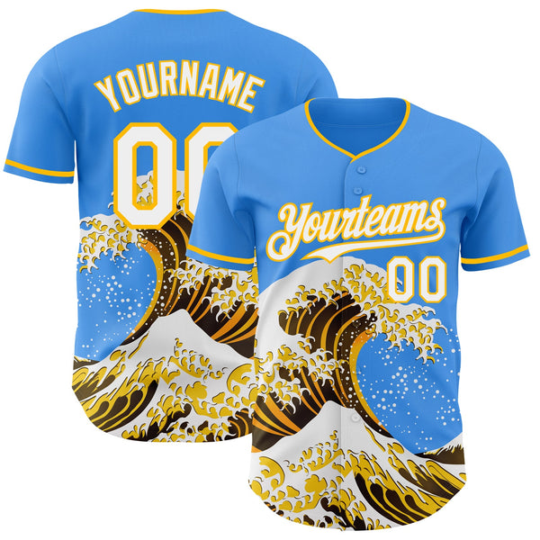 Custom Electric Blue White-Gold Japanese Wave Authentic Baseball Jersey