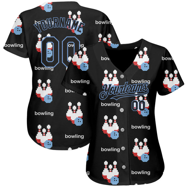 Custom Black Light Blue 3D Pattern Design Bowling Authentic Baseball Jersey alternate