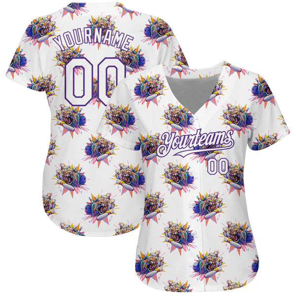 Custom White Purple 3D Pattern Design Growling Lion Among The Bowling Authentic Baseball Jersey alternate