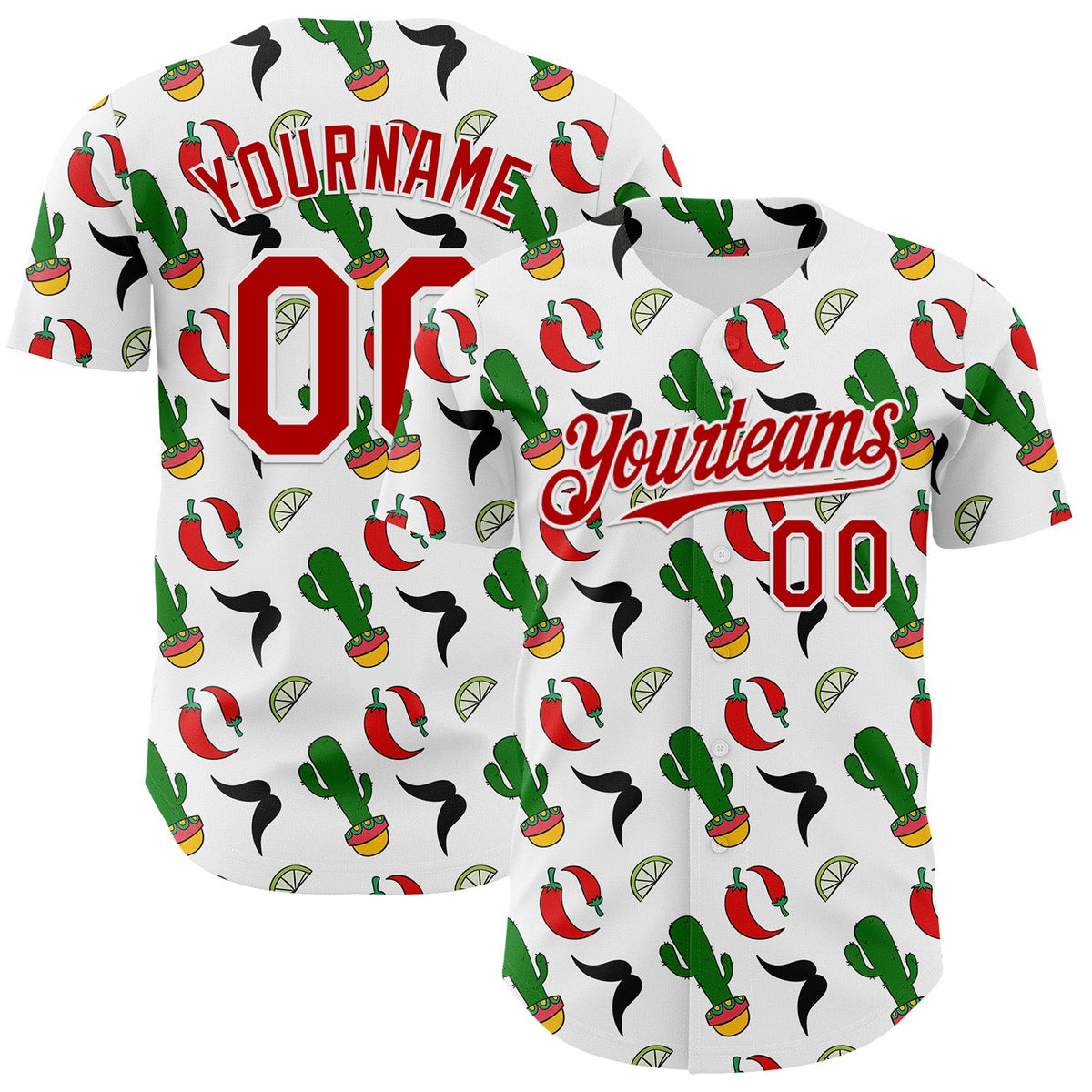 Custom White-Red Mexican Cinco de Mayo Fiesta Chili Cactus Authentic Baseball Jersey