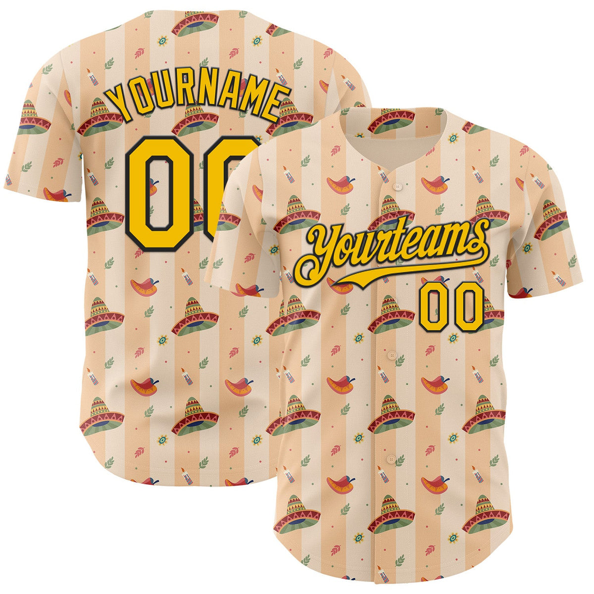 Custom Yellow-Black Cinco de Mayo Fiesta Mexican Sombrero Authentic Baseball Jersey