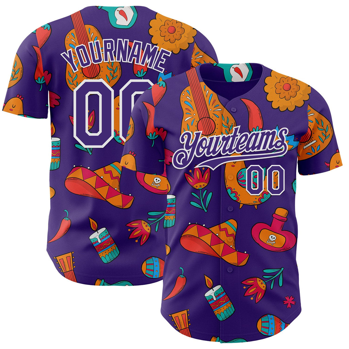 Custom Purple-White Cinco de Mayo Fiesta Guitar Sombrero Mexican Folk Art Authentic Baseball Jersey