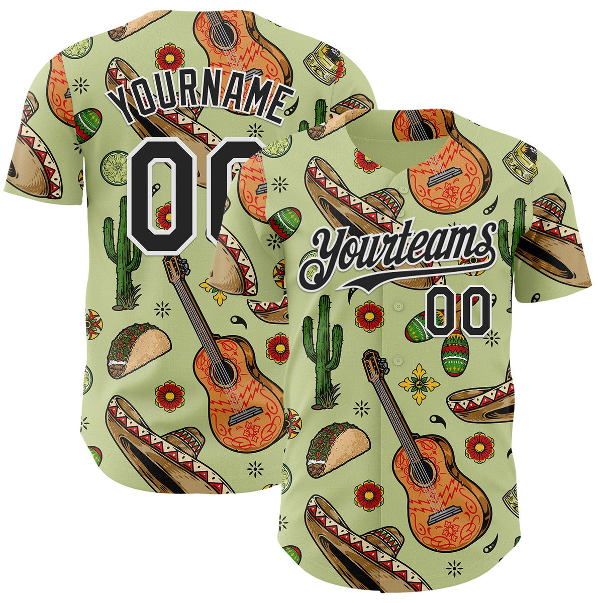 Custom Green Black-White Cinco de Mayo Fiesta Mexican Folk Art Guitar Cactus Taco Authentic Baseball Jersey