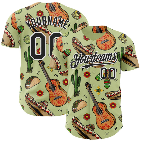 Custom Green Black-White Cinco de Mayo Fiesta Mexican Folk Art Guitar Cactus Taco Authentic Baseball Jersey
