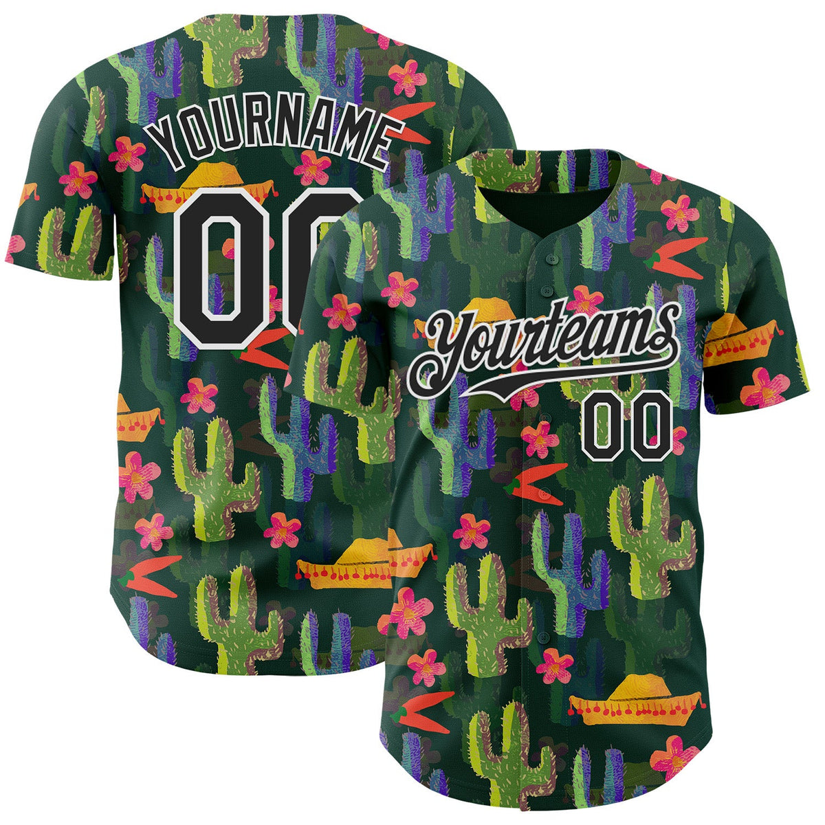 Custom Green Black-White Cinco de Mayo Sombrero Mexican Cactus Authentic Baseball Jersey