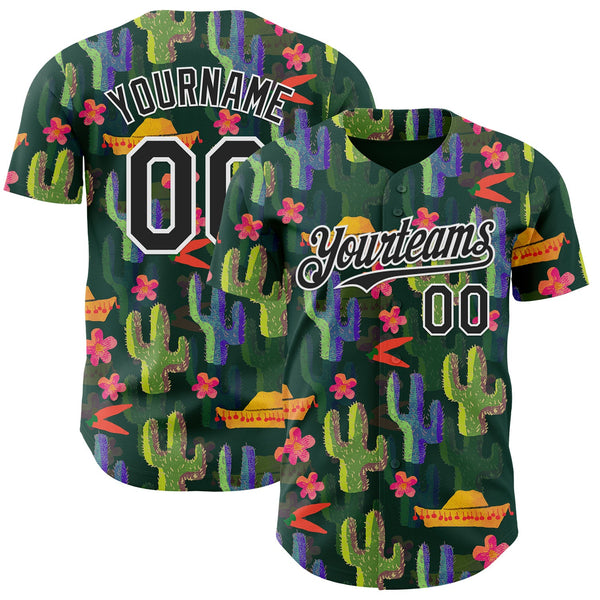 Custom Green Black-White Cinco de Mayo Sombrero Mexican Cactus Authentic Baseball Jersey