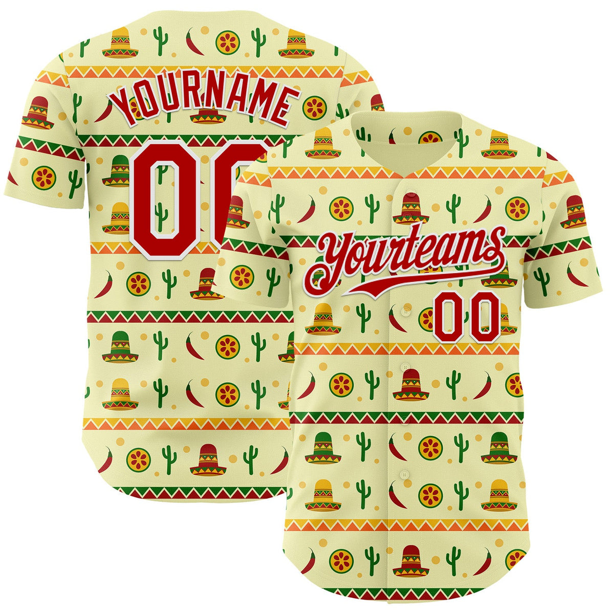 Custom Yellow Red-White Cinco de Mayo Cactus Mexican Folk Art Authentic Baseball Jersey