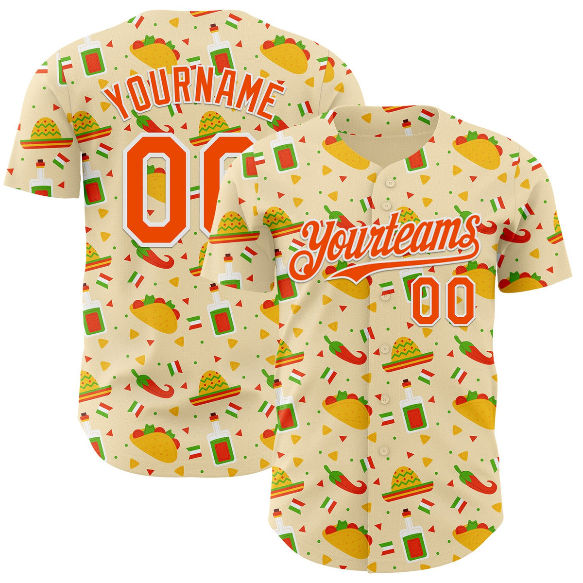 Custom Yellow Orange-White Cinco de Mayo Fiesta Mexican Folk Art Taco Authentic Baseball Jersey