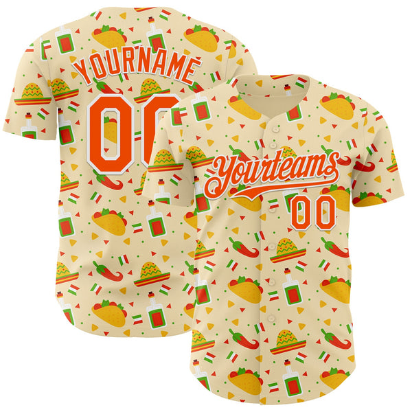 Custom Yellow Orange-White Cinco de Mayo Fiesta Mexican Folk Art Taco Authentic Baseball Jersey