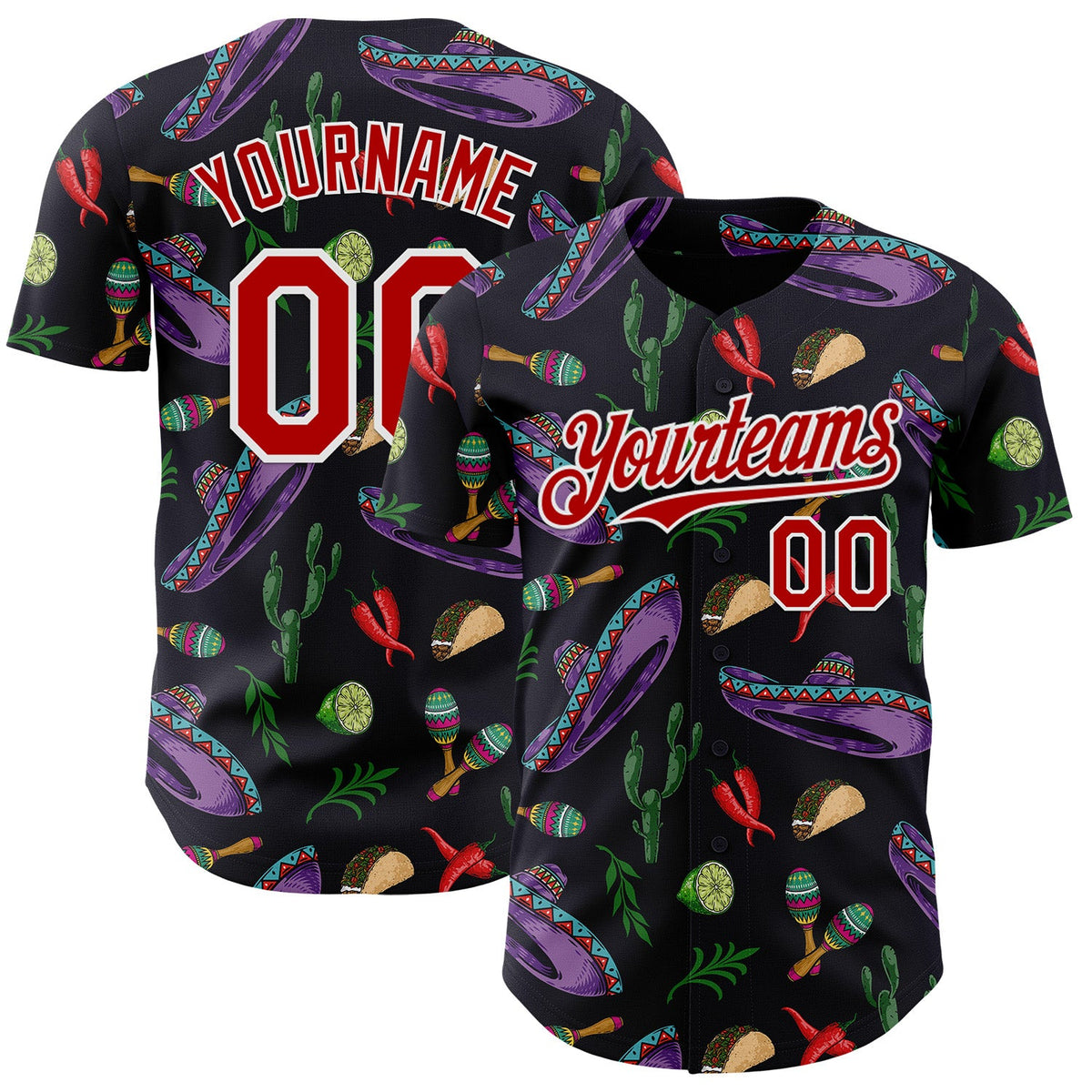 Custom Black Red-White Cinco de Mayo Cactus Taco Maracas Sombrero Authentic Baseball Jersey