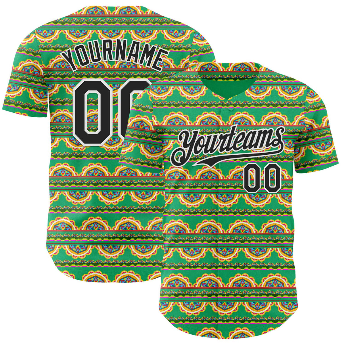Custom Green Black-White Cinco de Mayo Tribal Floral Mexican Folk Art Authentic Baseball Jersey