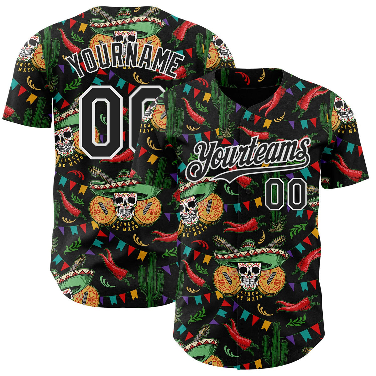 Custom Black-White Cinco de Mayo Sugar Skull Mexican Fiesta Cactus Authentic Baseball Jersey