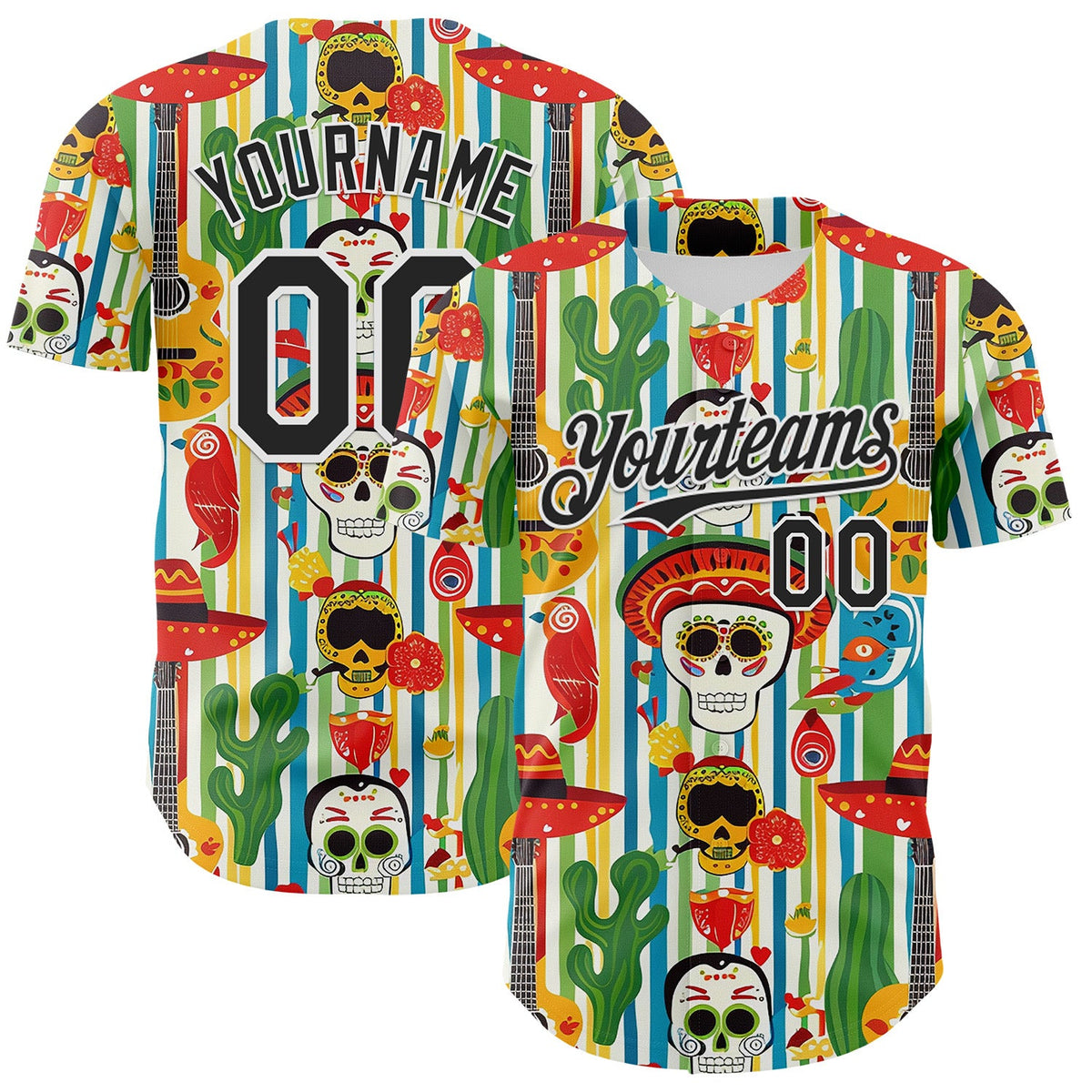 Custom White-Black Cinco de Mayo Sugar Skull Mexican Fiesta Cactus Guitar Authentic Baseball Jersey