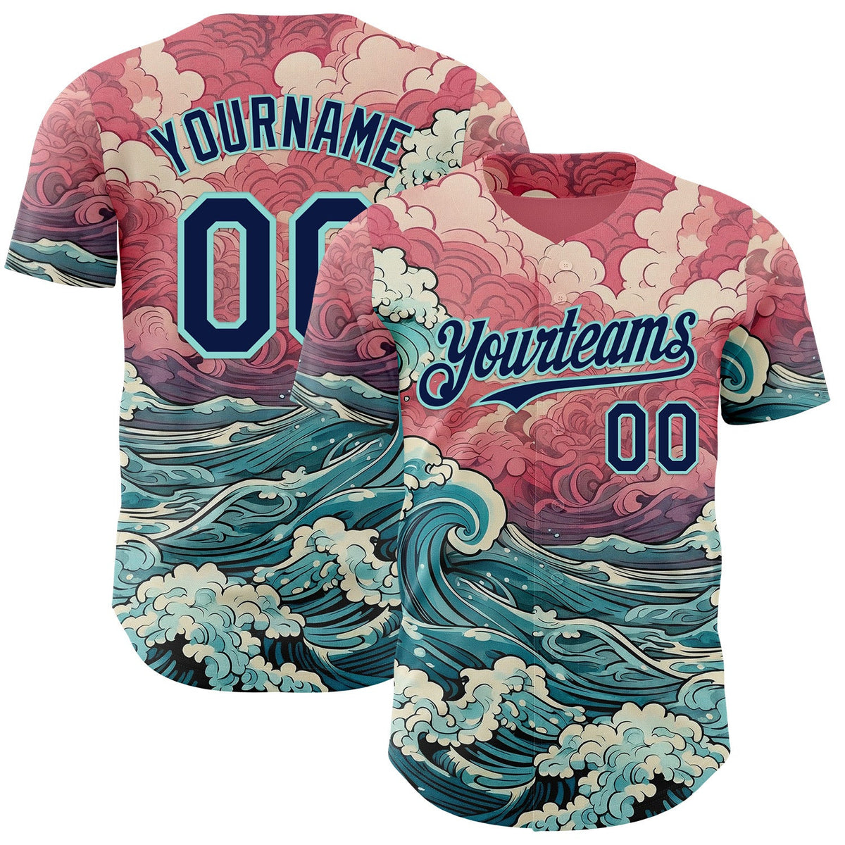 Custom Pink Navy-Ice Blue Japanese Wave Authentic Baseball Jersey