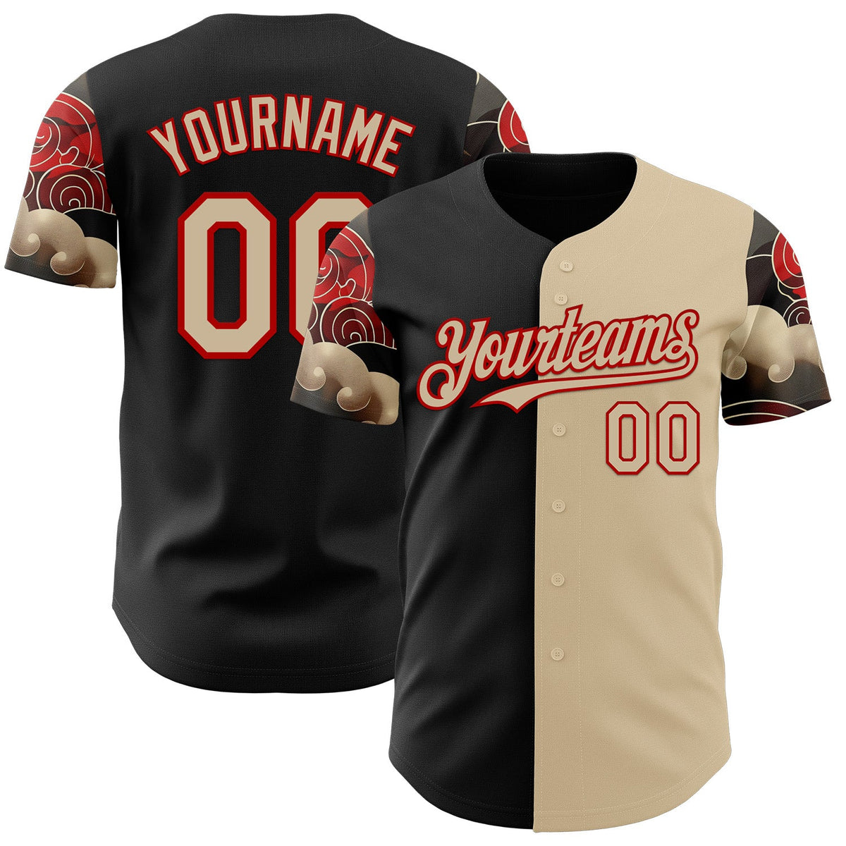Custom City Cream Black-Red Japanese Wave Split Authentic Baseball Jersey