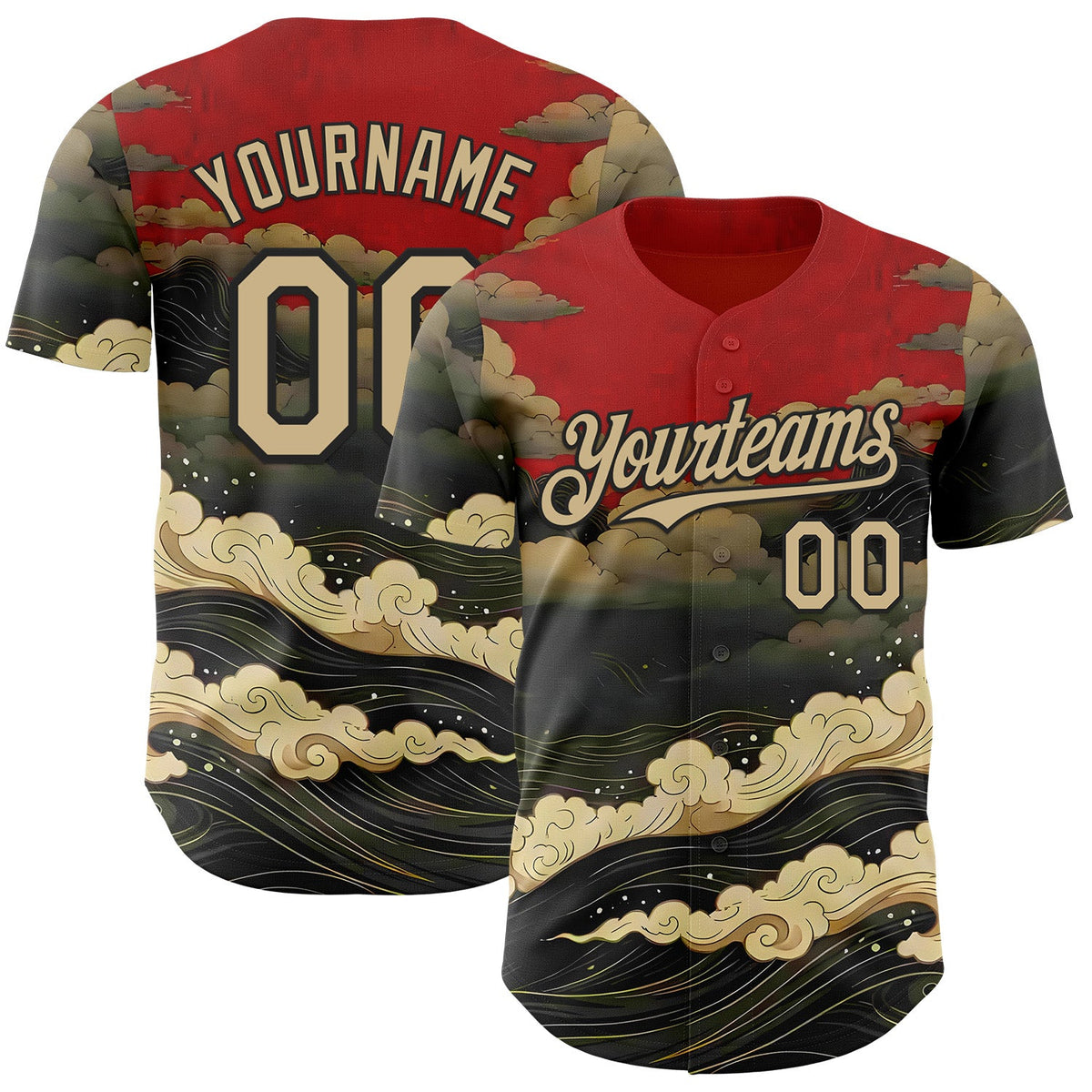 Custom Red Vegas Gold-Black Japanese Wave Authentic Baseball Jersey