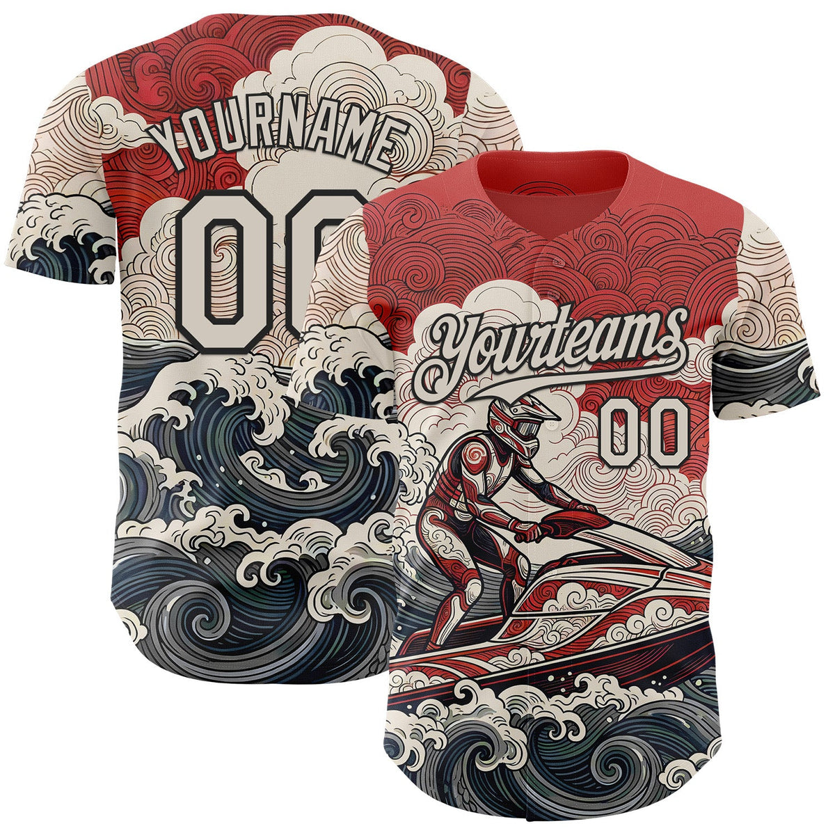 Custom Red Cream-Black Japanese Wave Jet Ski Authentic Baseball Jersey