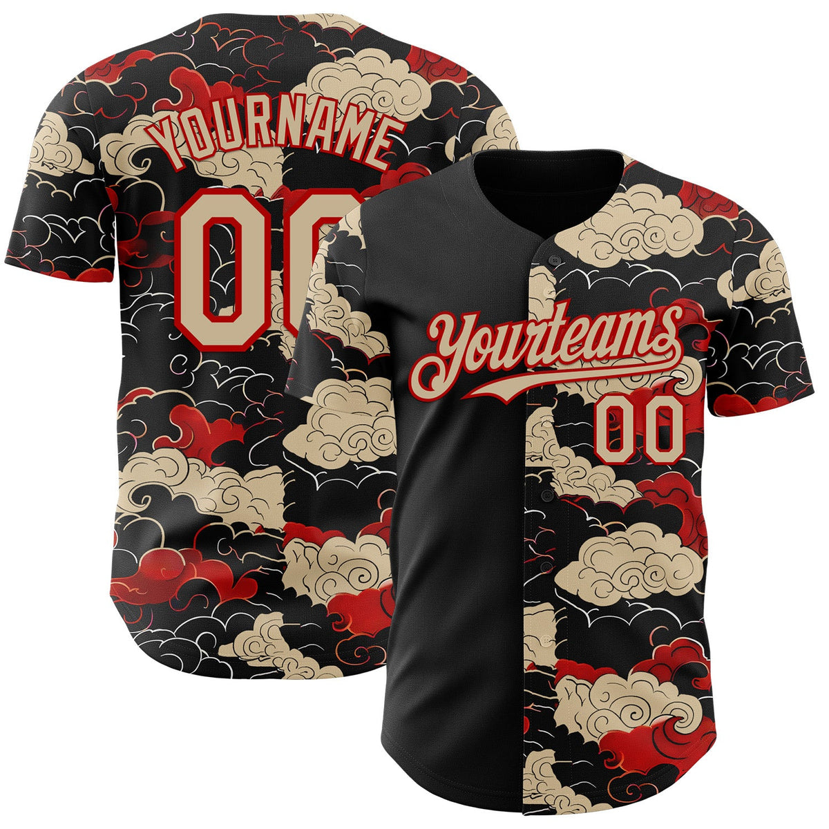 Custom Black City Cream-Red Japanese Wave Authentic Baseball Jersey