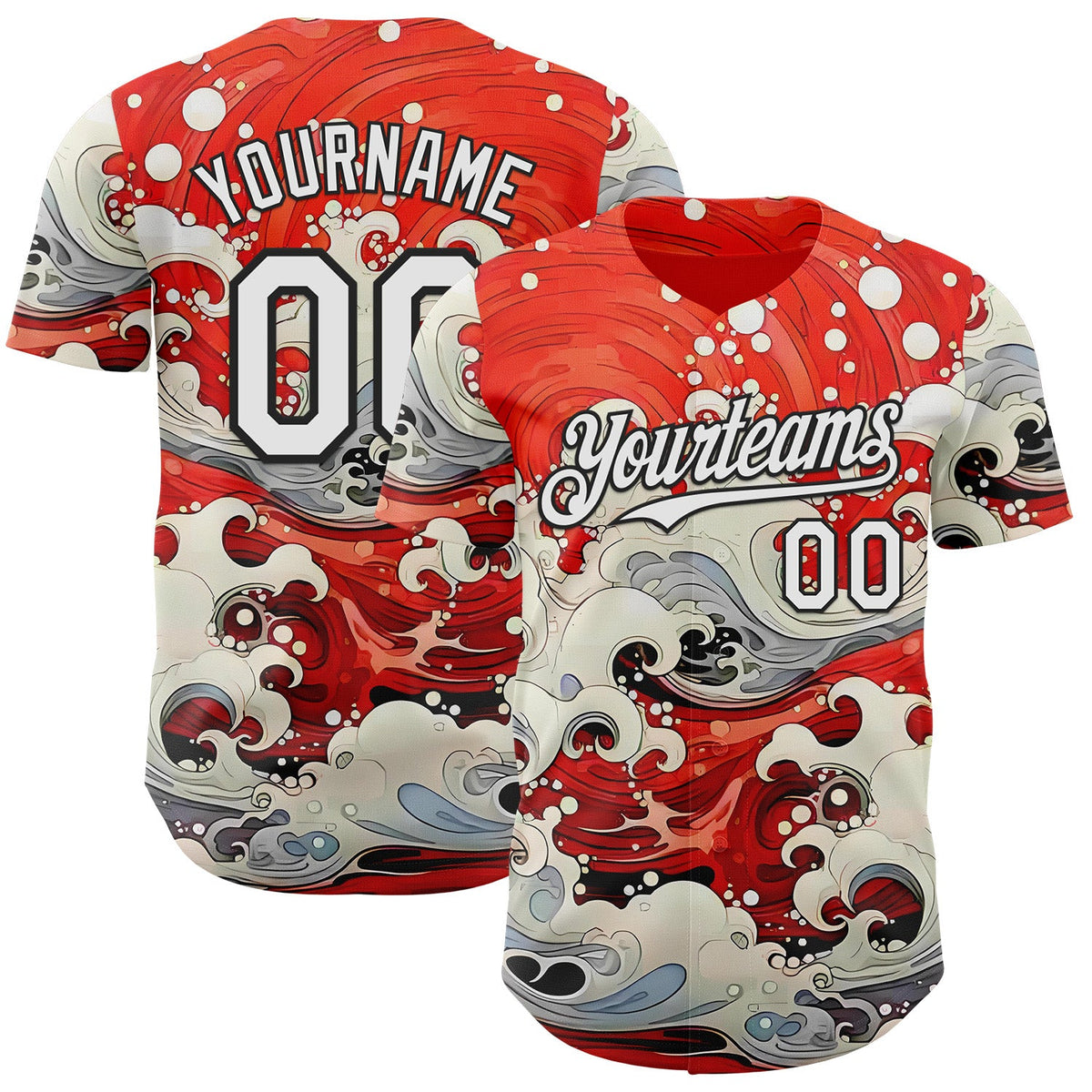 Custom Red White-Black Japanese Wave Authentic Baseball Jersey