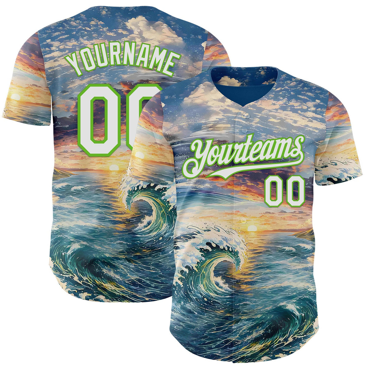 Custom Blue White-Aurora Green Japanese Wave Authentic Baseball Jersey