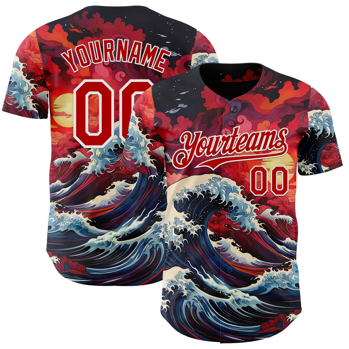 Custom Red-White Japanese Wave Authentic Baseball Jersey