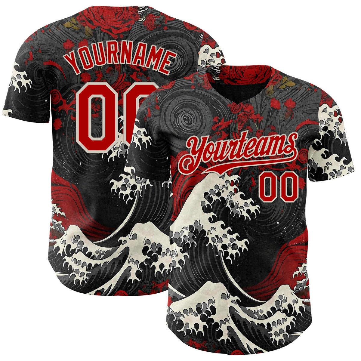 Custom Black Red-Cream Japanese Wave Authentic Baseball Jersey