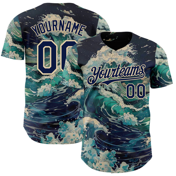 Custom Blue Navy-Cream Japanese Wave Authentic Baseball Jersey