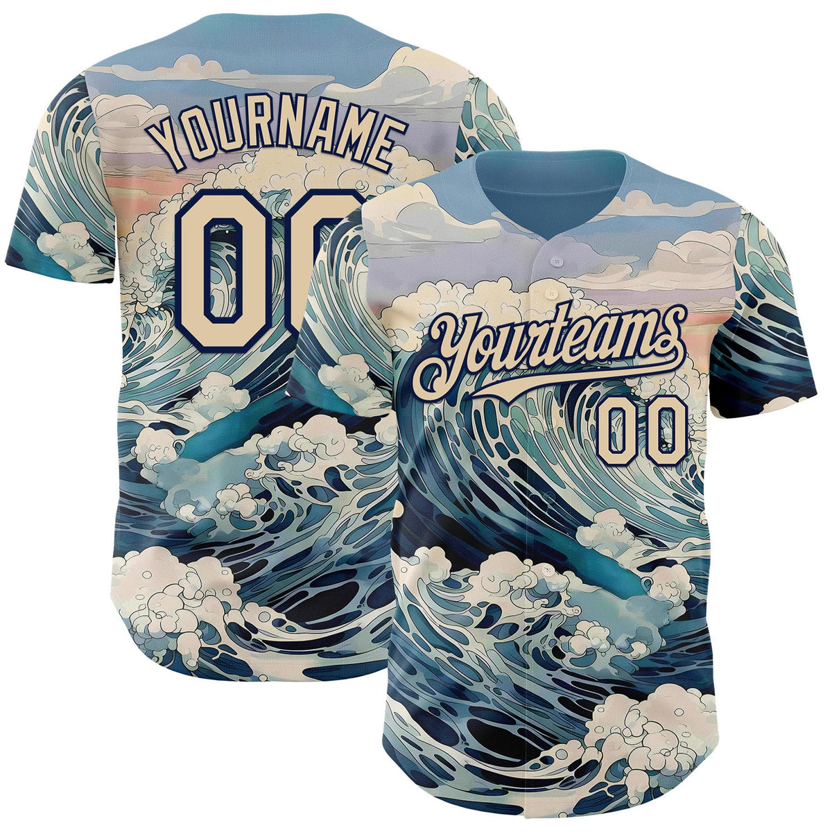 Custom Blue City Cream-Navy Japanese Wave Authentic Baseball Jersey