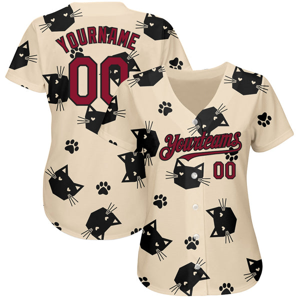 Custom Cream Crimson-Black 3D Pattern Design Cat Authentic Baseball Jersey alternate