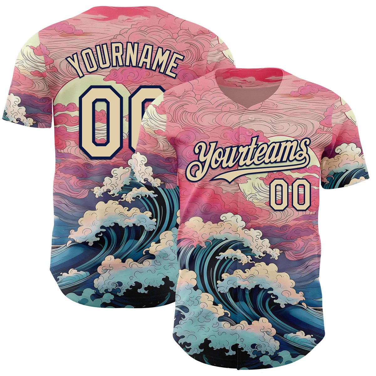Custom Pink Cream-Navy Japanese Pastel Wave Authentic Baseball Jersey
