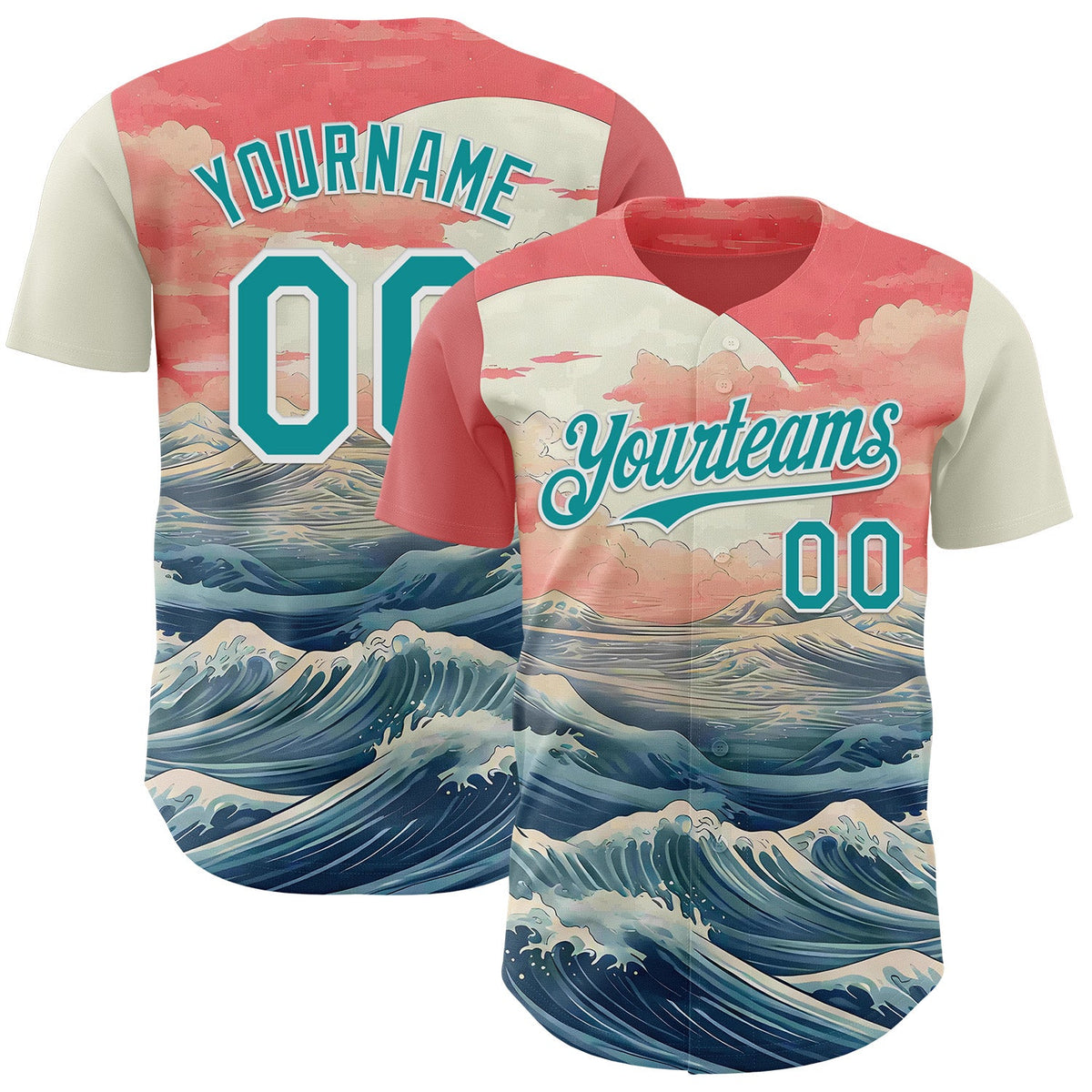 Custom Pink Teal-White Japanese Pastel Wave Authentic Baseball Jersey