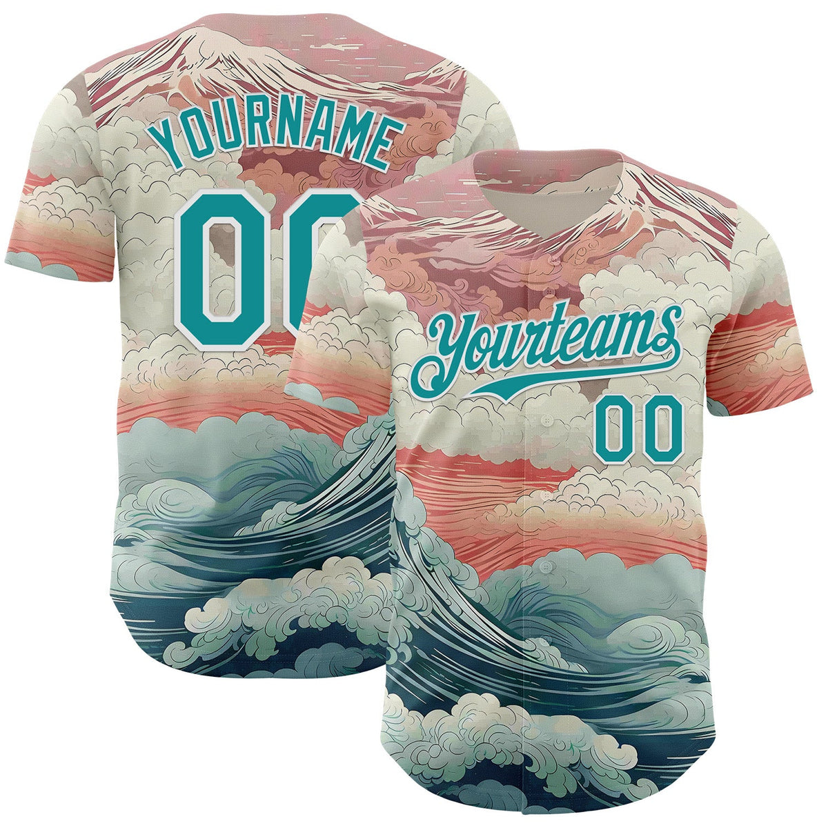 Custom Pink Teal-White Japanese Pastel Wave Authentic Baseball Jersey