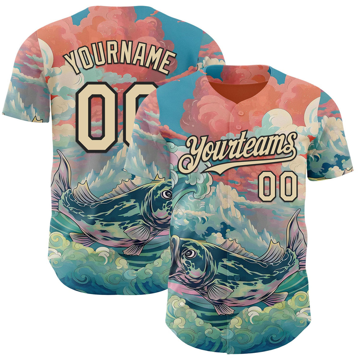 Custom Pink Cream-Black Japanese Wave Fish Authentic Baseball Jersey