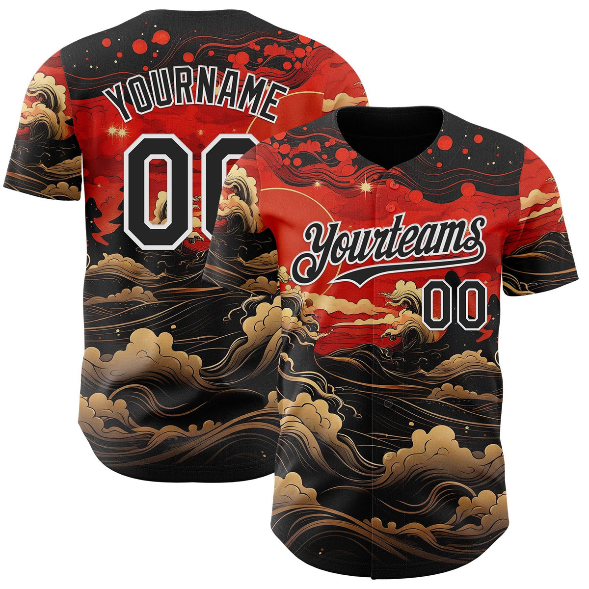 Custom Red Black-White Japanese Wave Authentic Baseball Jersey