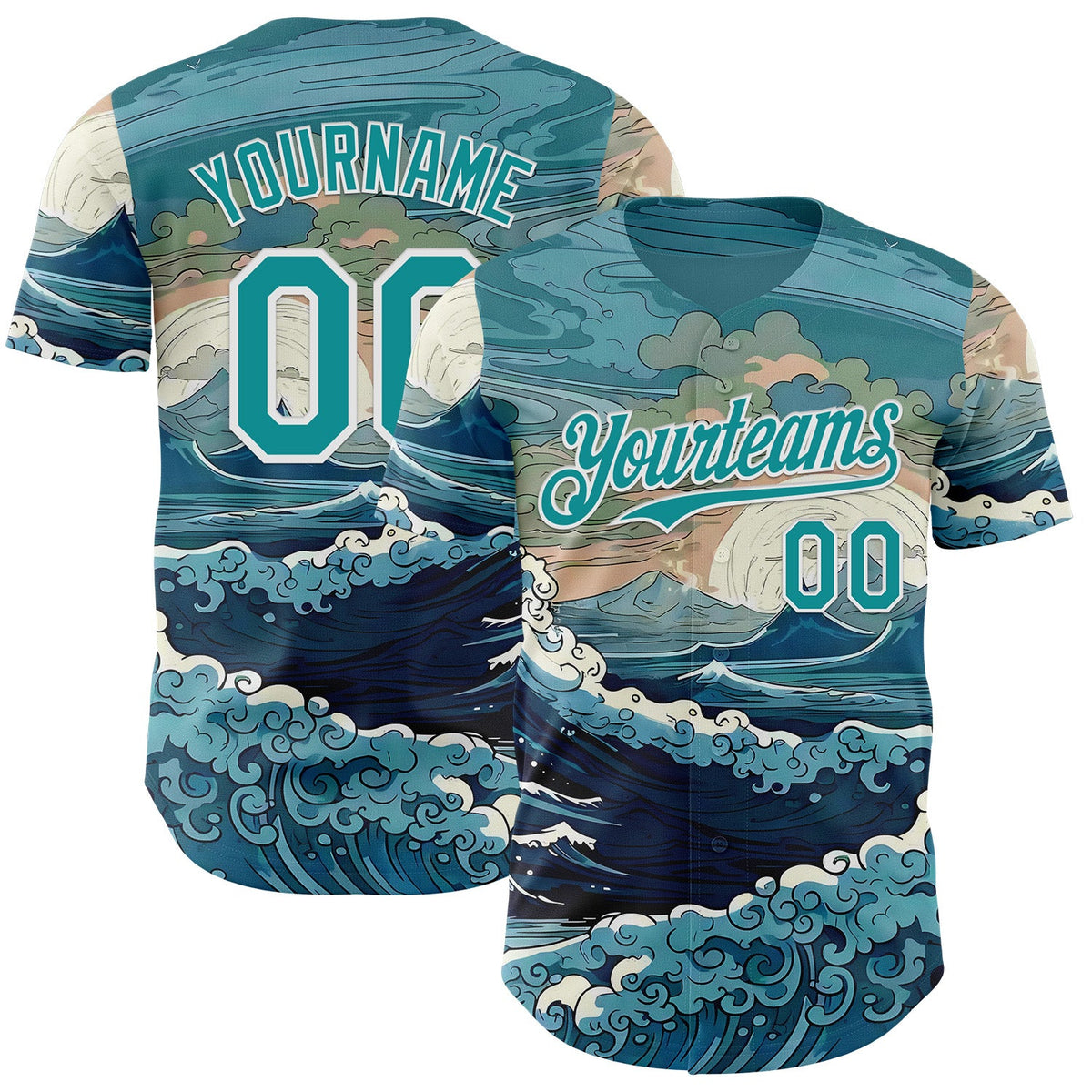Custom Green Teal-White Japanese Wave Authentic Baseball Jersey