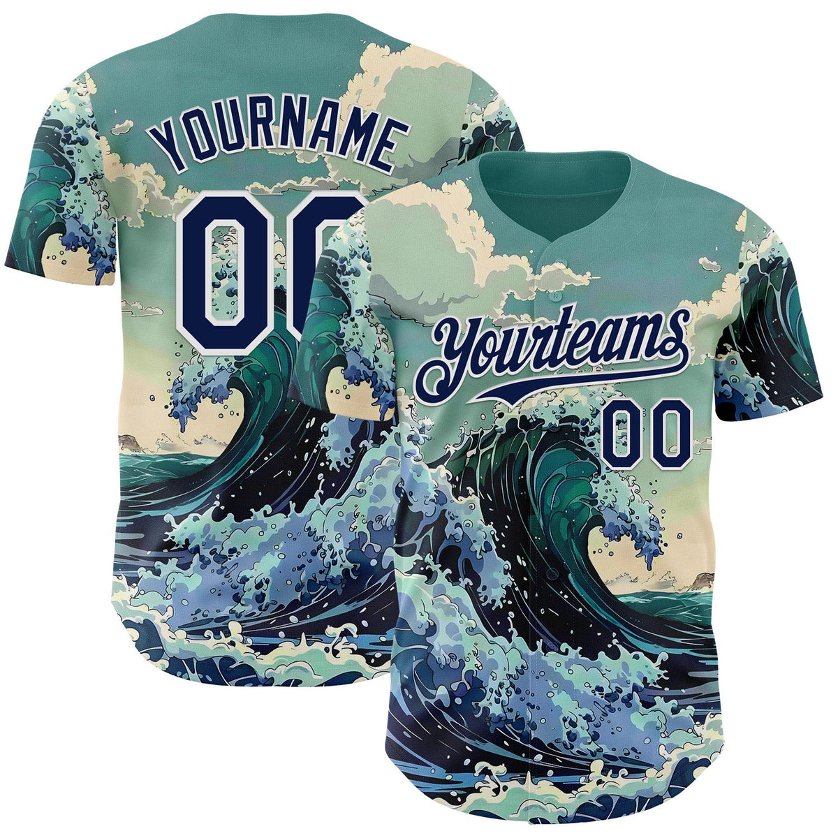 Custom Green Navy-White Japanese Wave Authentic Baseball Jersey