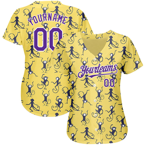 Custom Yellow Purple-White 3D Pattern Design Monkey Authentic Baseball Jersey alternate