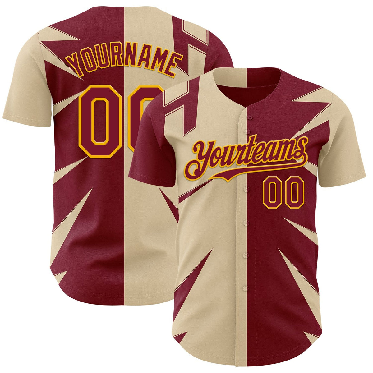 Custom City Cream Crimson-Gold Geometric Patchwork Asymmetry Split Authentic Baseball Jersey