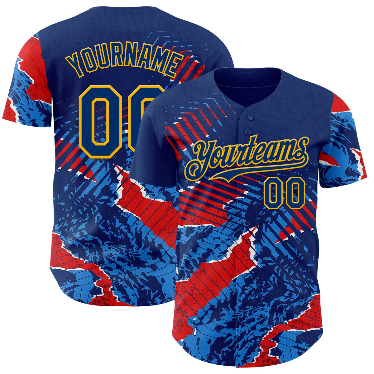 Custom US Navy Blue Red-Gold Geometric Patchwork Asymmetry Authentic Baseball Jersey