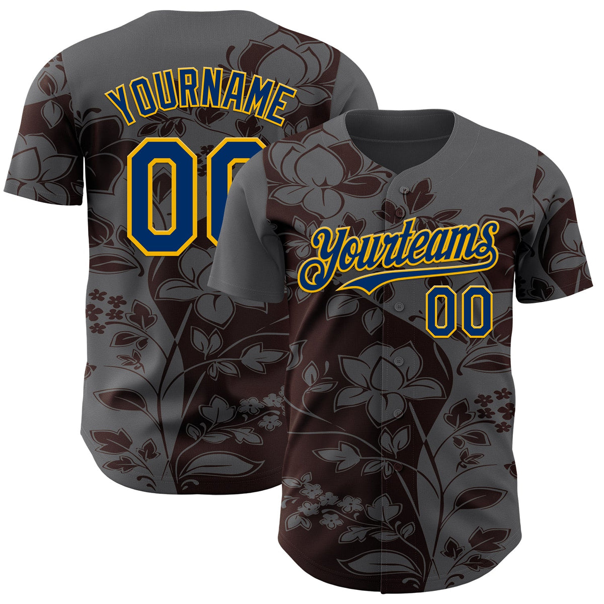 Custom Steel Gray US Navy Blue Brown-Gold Geometric Color Block Asymmetry Tropical Floral Authentic Baseball Jersey
