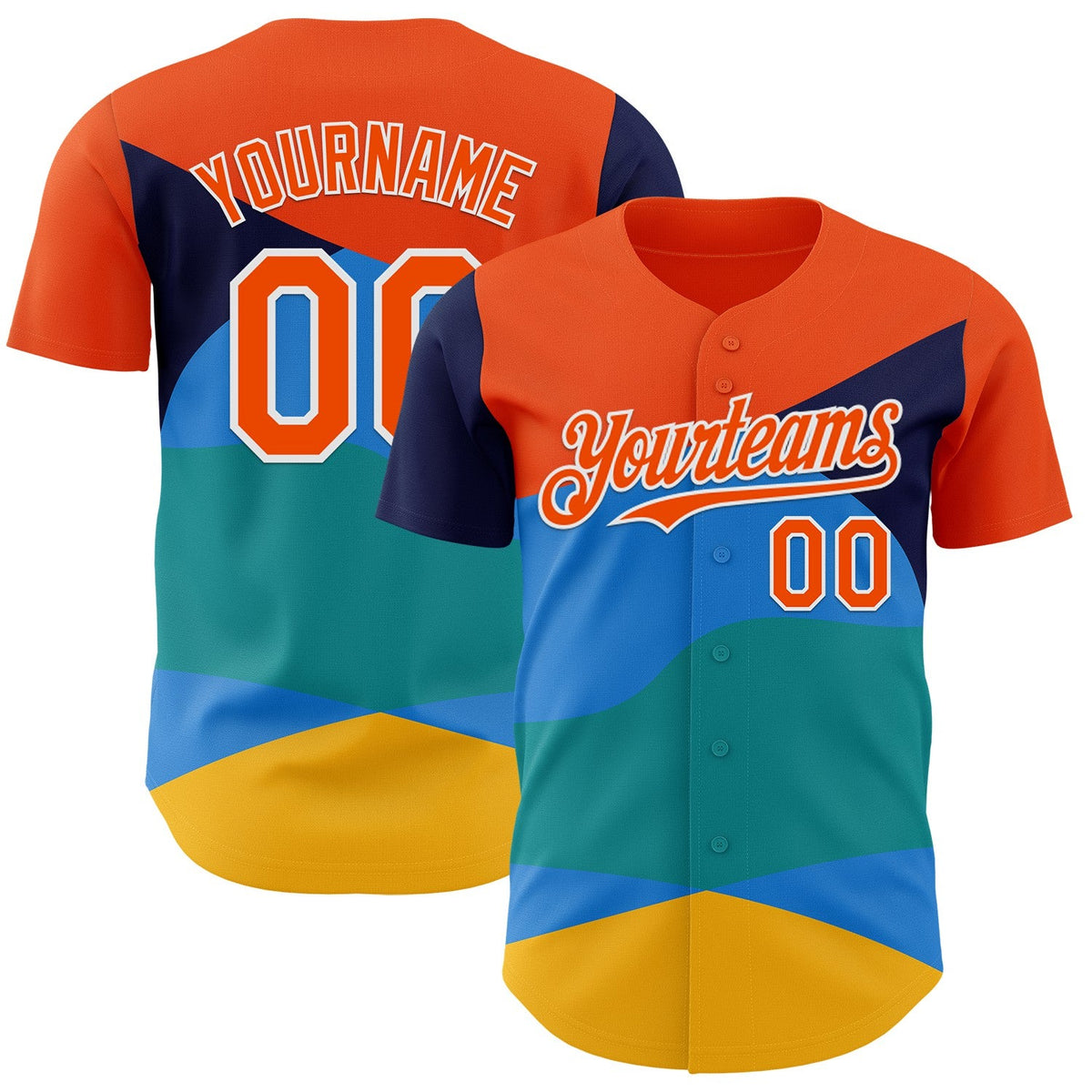 Custom Orange Blue Yellow-White Geometric Patchwork Asymmetry Wave Color Block Authentic Baseball Jersey